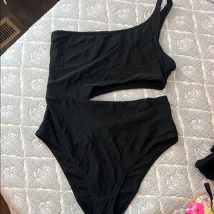 aerie Black Asymmetric Cutout One-Piece Swimsuit